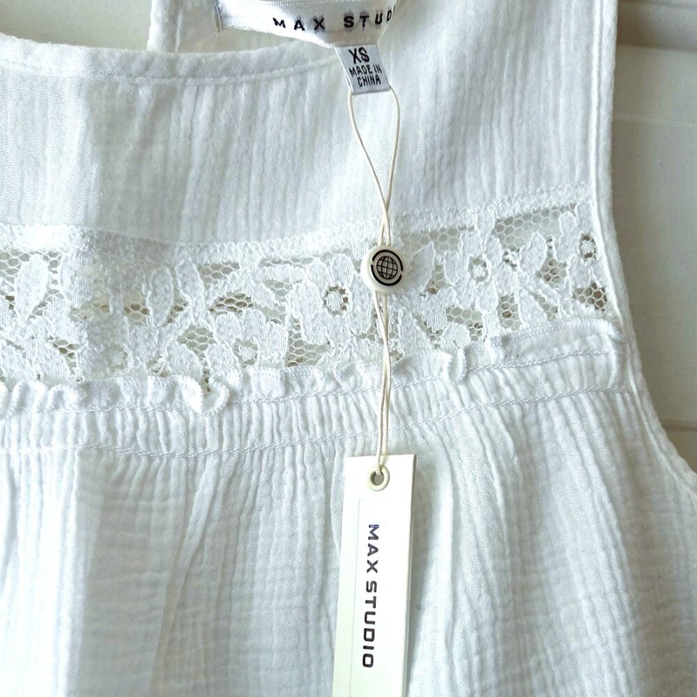 Max Studio Romantic Cotton Lace Eyelet Yoke Blouse White Ladies Top Sleeveless